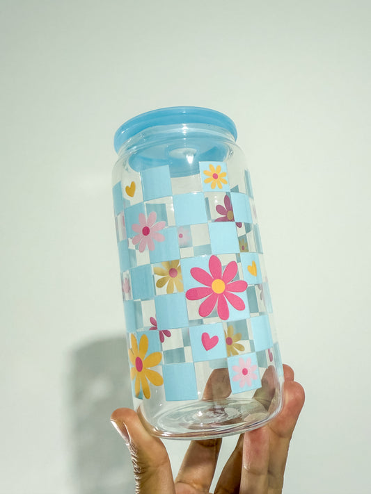 Blue Checkered Flowers Can Cup