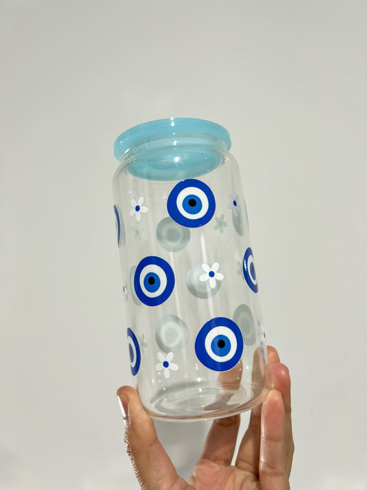 Blue Evil Eye with Flowers Can Cup
