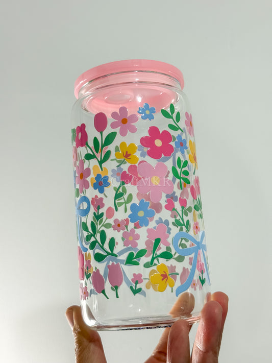 Spring Garden Floral Glass Can Cup