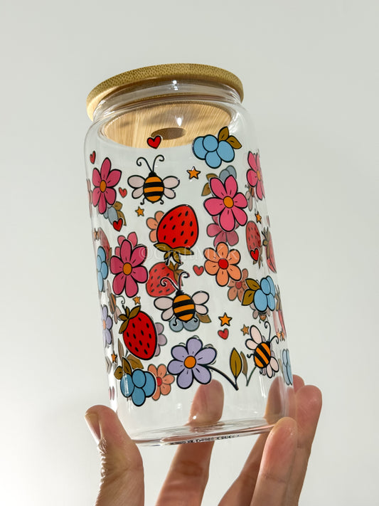 Strawberries & Wildflowers Glass Can Cup