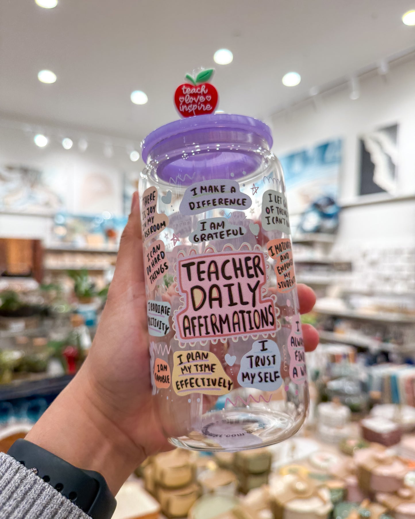 Teacher Daily Affirmations Dishwasher Safe Can Glass Cup with Straw Charm 2