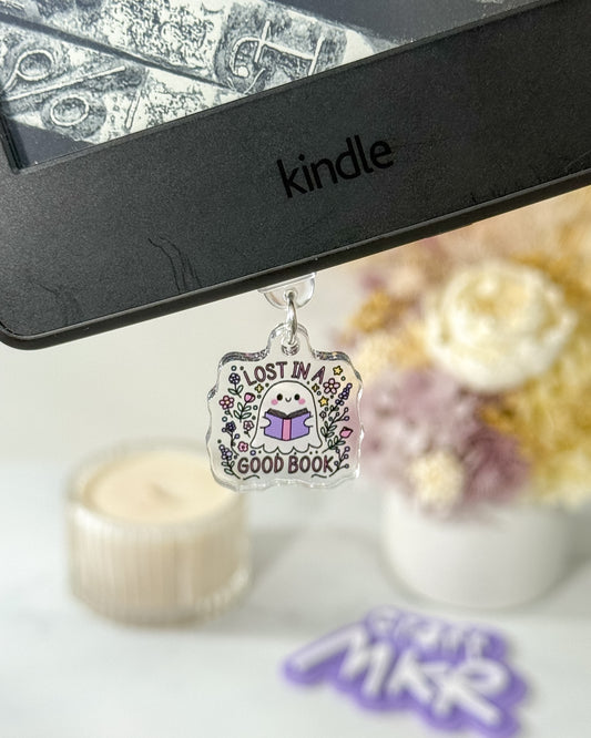 Lost in a Good Book Dust Plug Charm / Kindle Charm