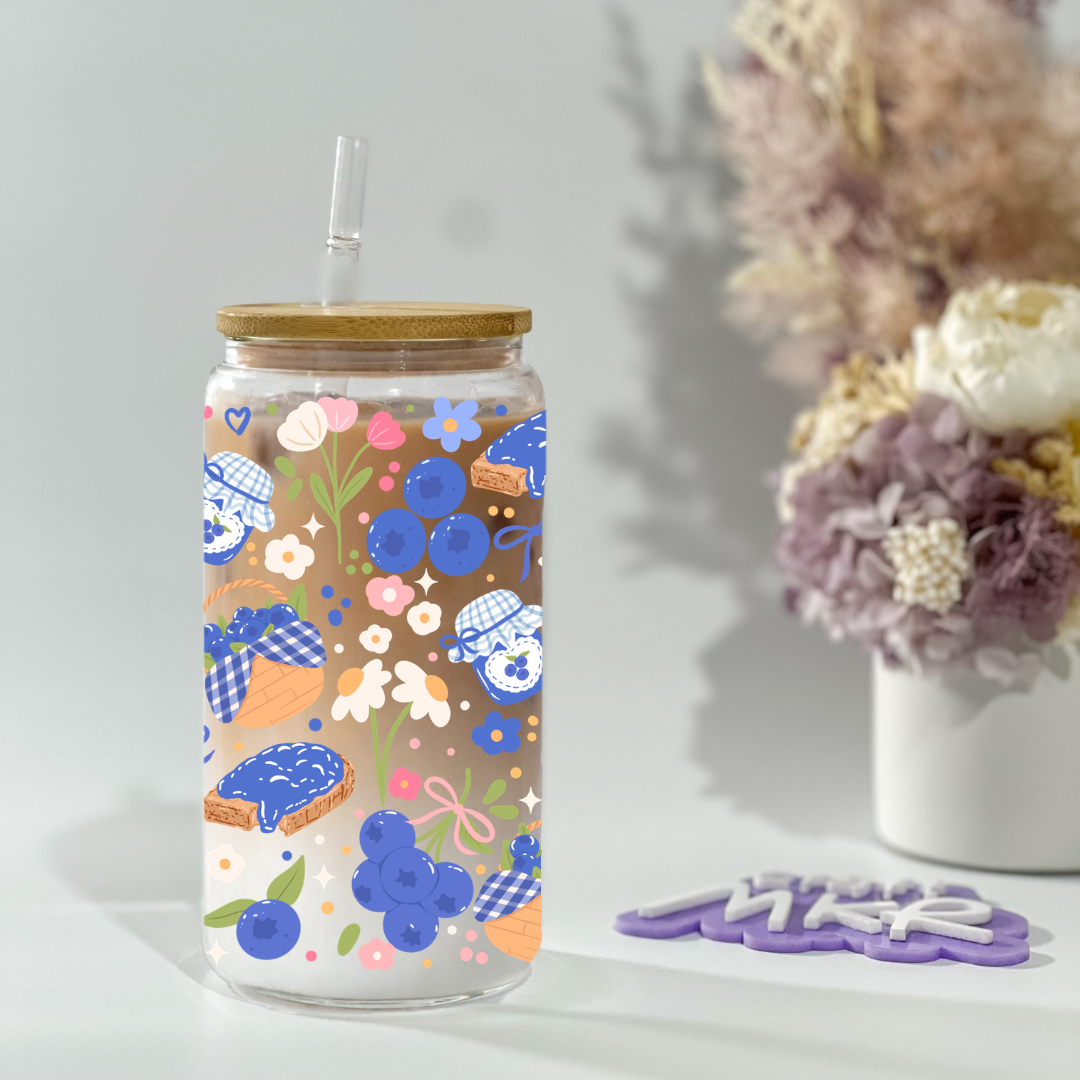 Blueberry Picnic Glass Can Cup