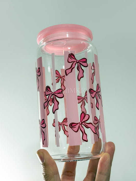 Pink Bow & Stripes Glass Can Cup
