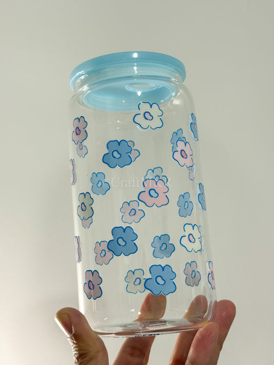 Blue Daisies Glass Can Cup