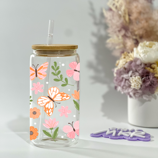 Orange Floral Butterflies Can Cup
