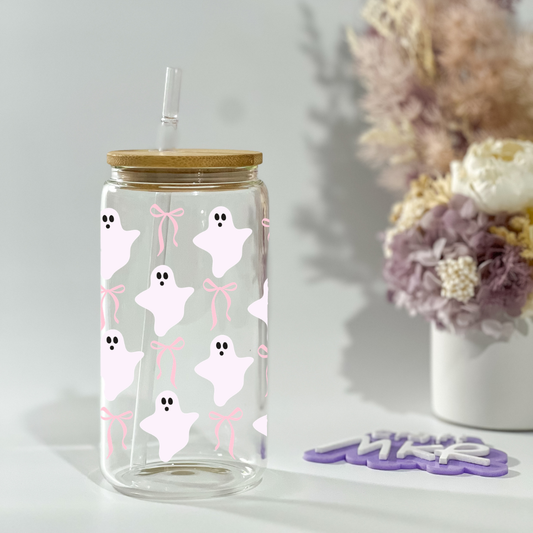 Pastel Ghosts & Bows Glass Can Cup