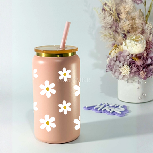 Peachy Pink Insulated Can Cup with Lid & Straw (16 oz)