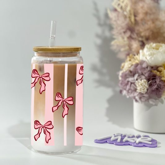 Pink Bow & Stripes Glass Can Cup