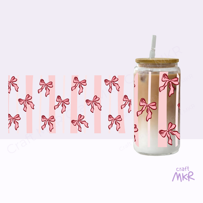 Pink Bow & Stripes Glass Can Cup