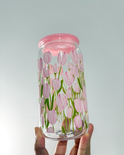 Pink Tulip Garden Glass Can Cup