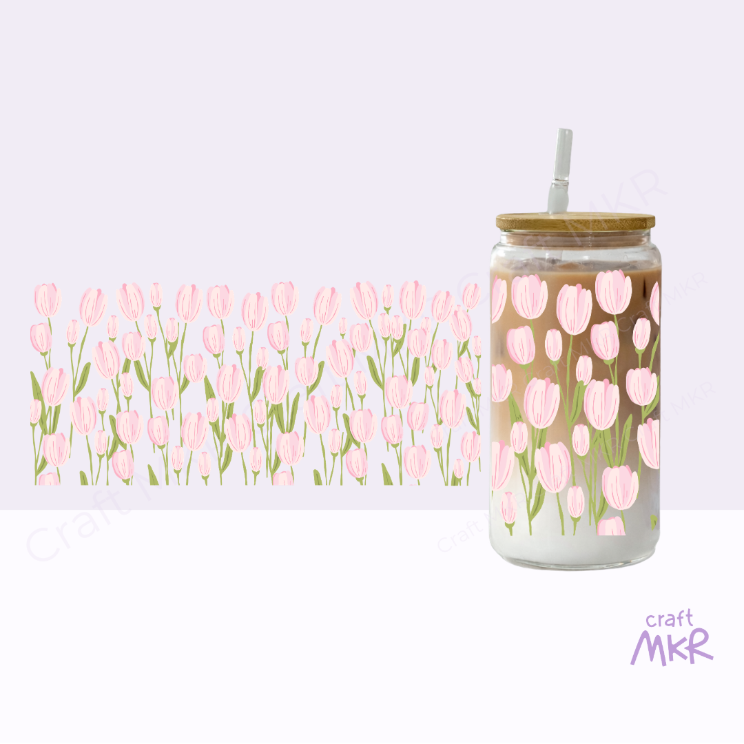 Pink Tulip Garden Glass Can Cup