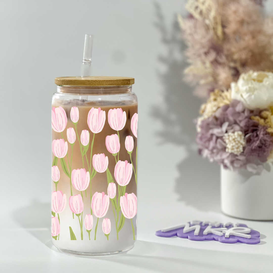 Pink Tulip Garden Glass Can Cup