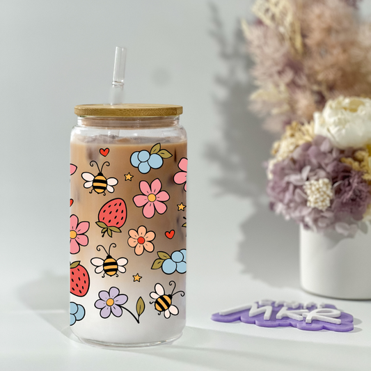 Strawberries & Wildflowers Glass Can Cup