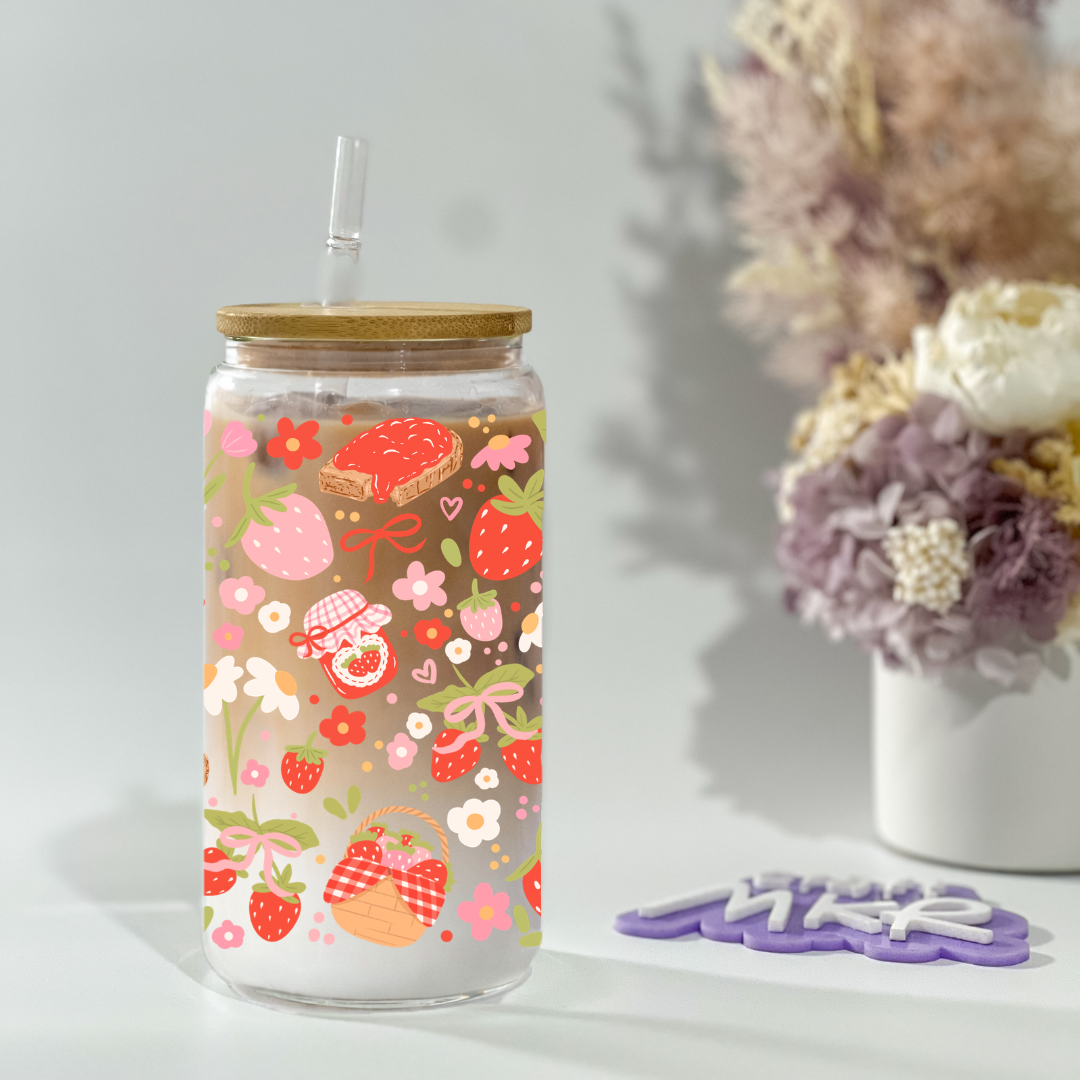 Strawberry Picnic Glass Can Cup