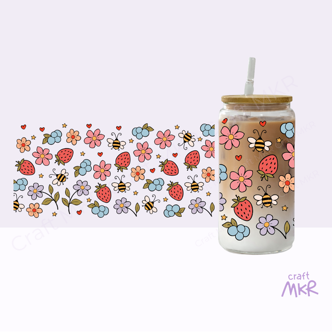 Strawberries & Wildflowers Glass Can Cup